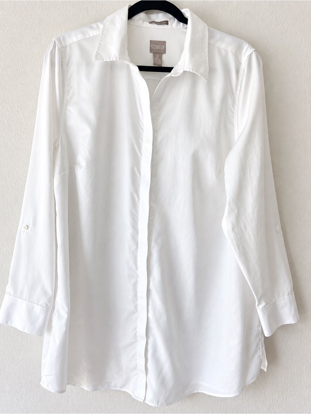 CHICO'S Wrinkle Resistant White Cotton Button Down Tunic Shirt Size 2